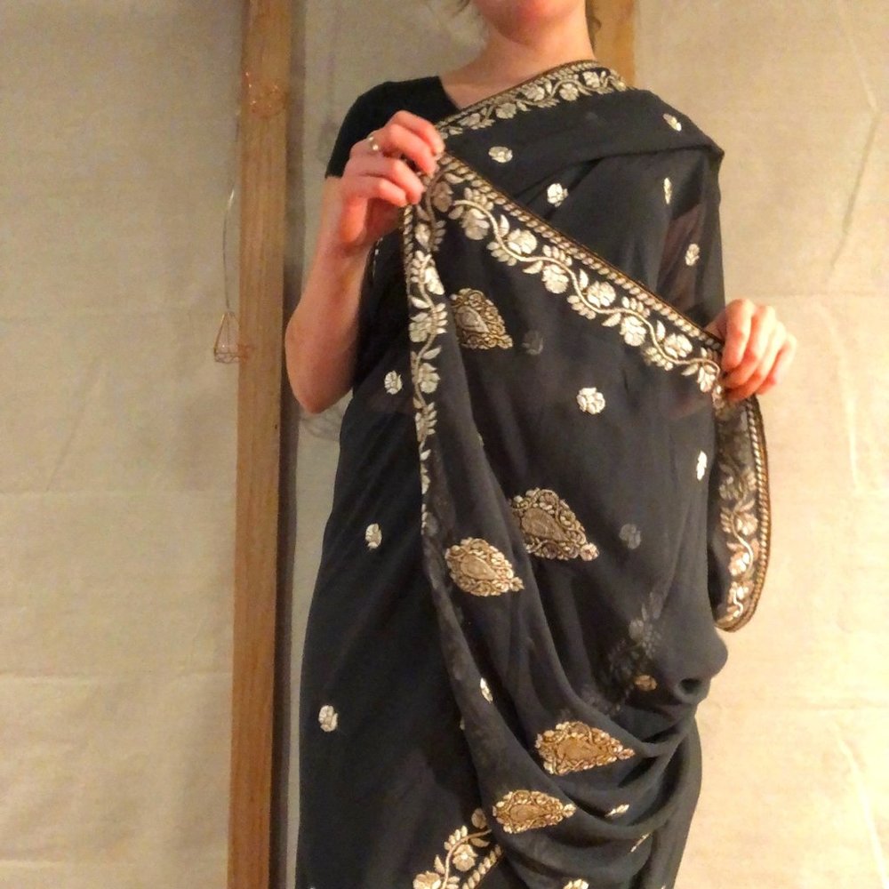 Gray Indian saree with gold/silver embroidery